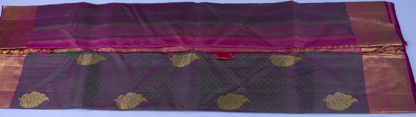 Handloom Kanjeevaram Dark Green & Gold Silk Saree with Pink Motifs