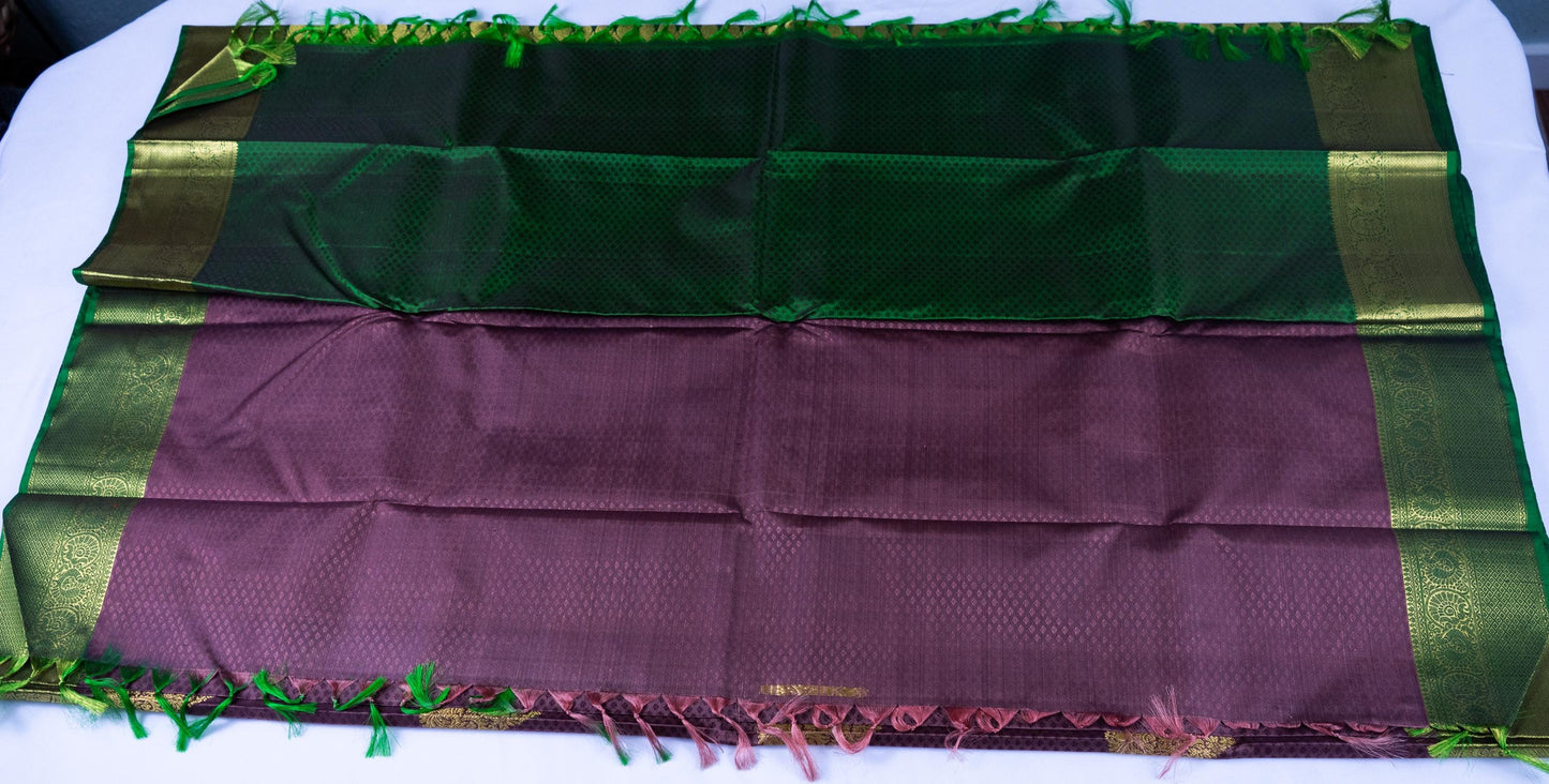 Handloom Kanjeevaram Purple-Brown Saree with Peacock Design & Gold Motifs