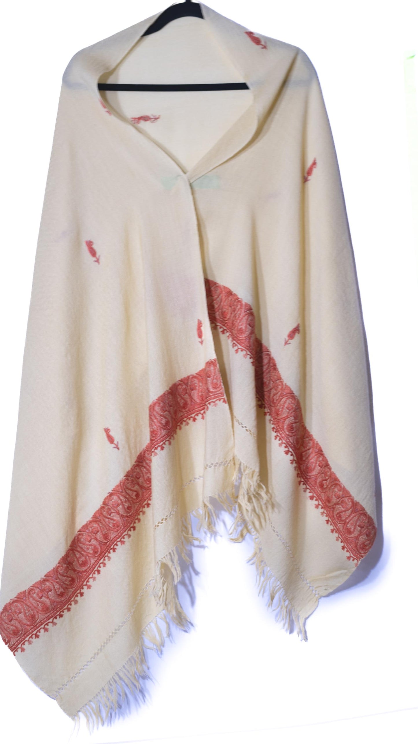 Kashmiri Hand embroidered stoles with Ari work on Merino wool for Winter - White with light orange boundary Valentine Gift