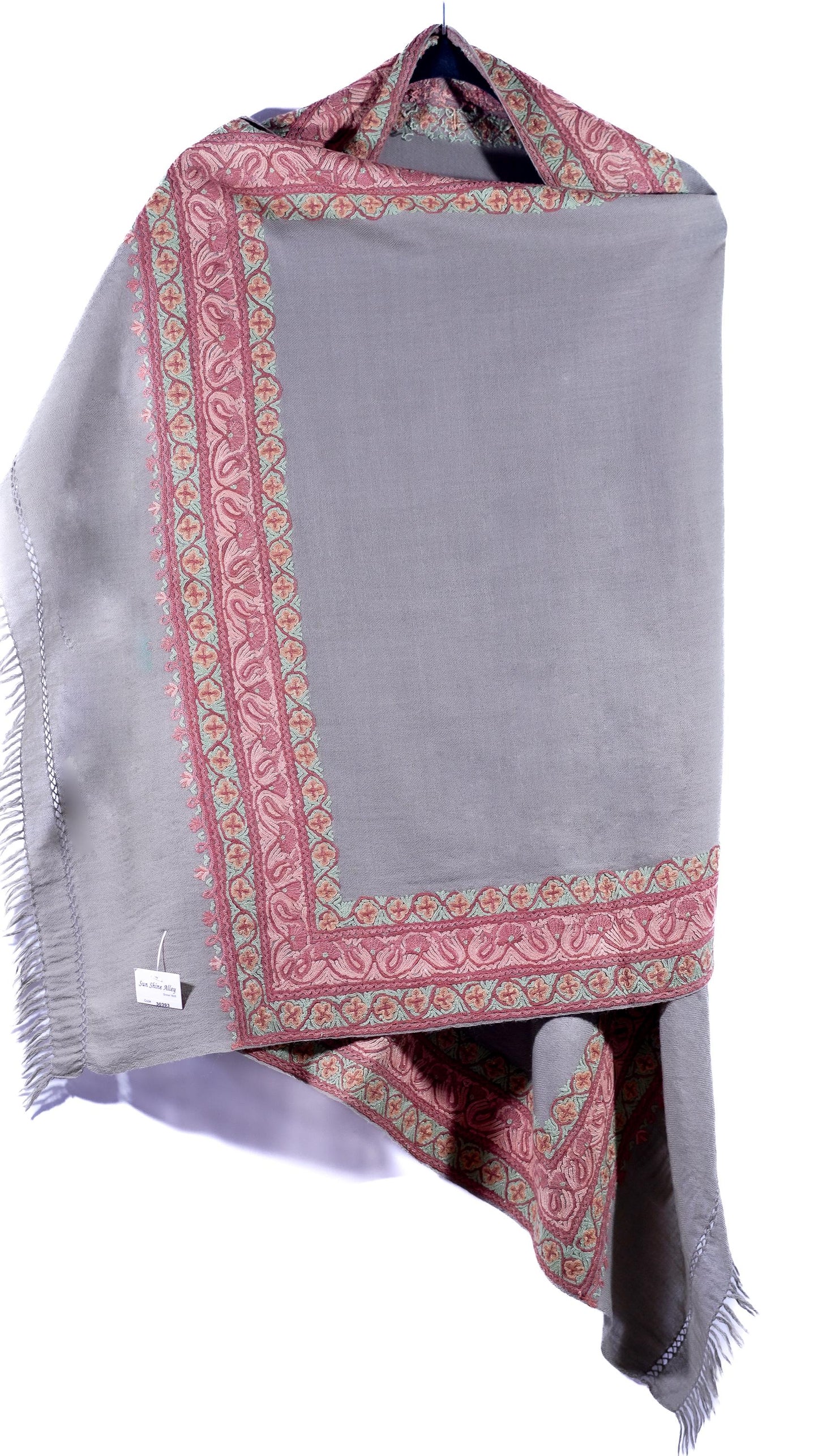 Kashmiri Hand embroidered stoles with Ari work on Merino wool for Winter - Grey with Orange boundary