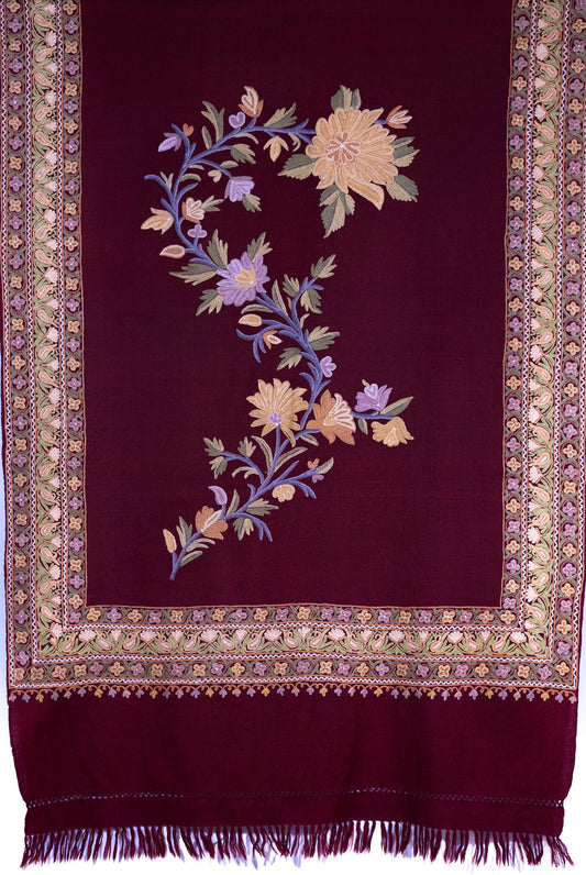 Kashmiri Hand embroidered stoles with Ari work on Merino wool for Winter - Purple with Flow Design