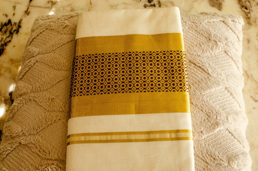 Elegant Kasavu White Set Saree with Brown Circles for Festive Occasions