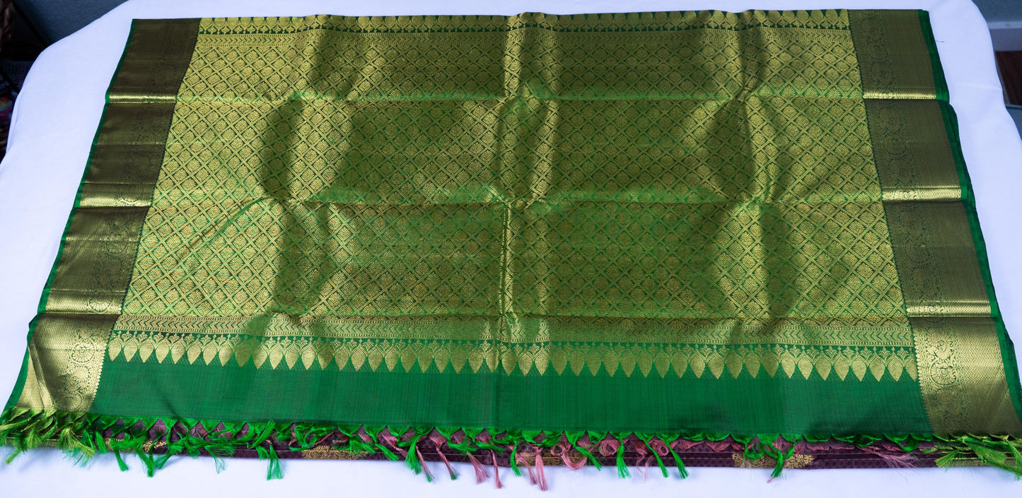 Handloom Kanjeevaram Purple-Brown Saree with Peacock Design & Gold Motifs
