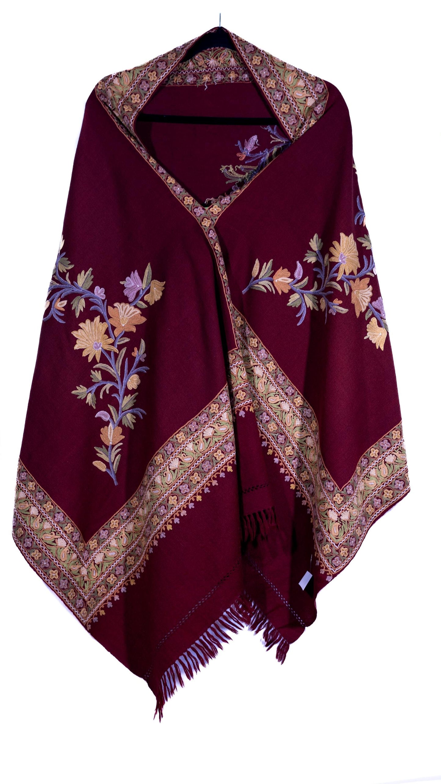 Kashmiri Hand embroidered stoles with Ari work on Merino wool for Winter - Purple with Flow Design