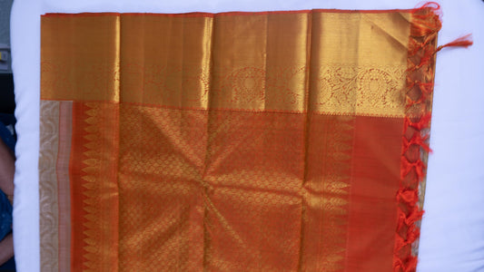 Handloom Kanjivaram Silk Saree Beige & Orange Gold Zari