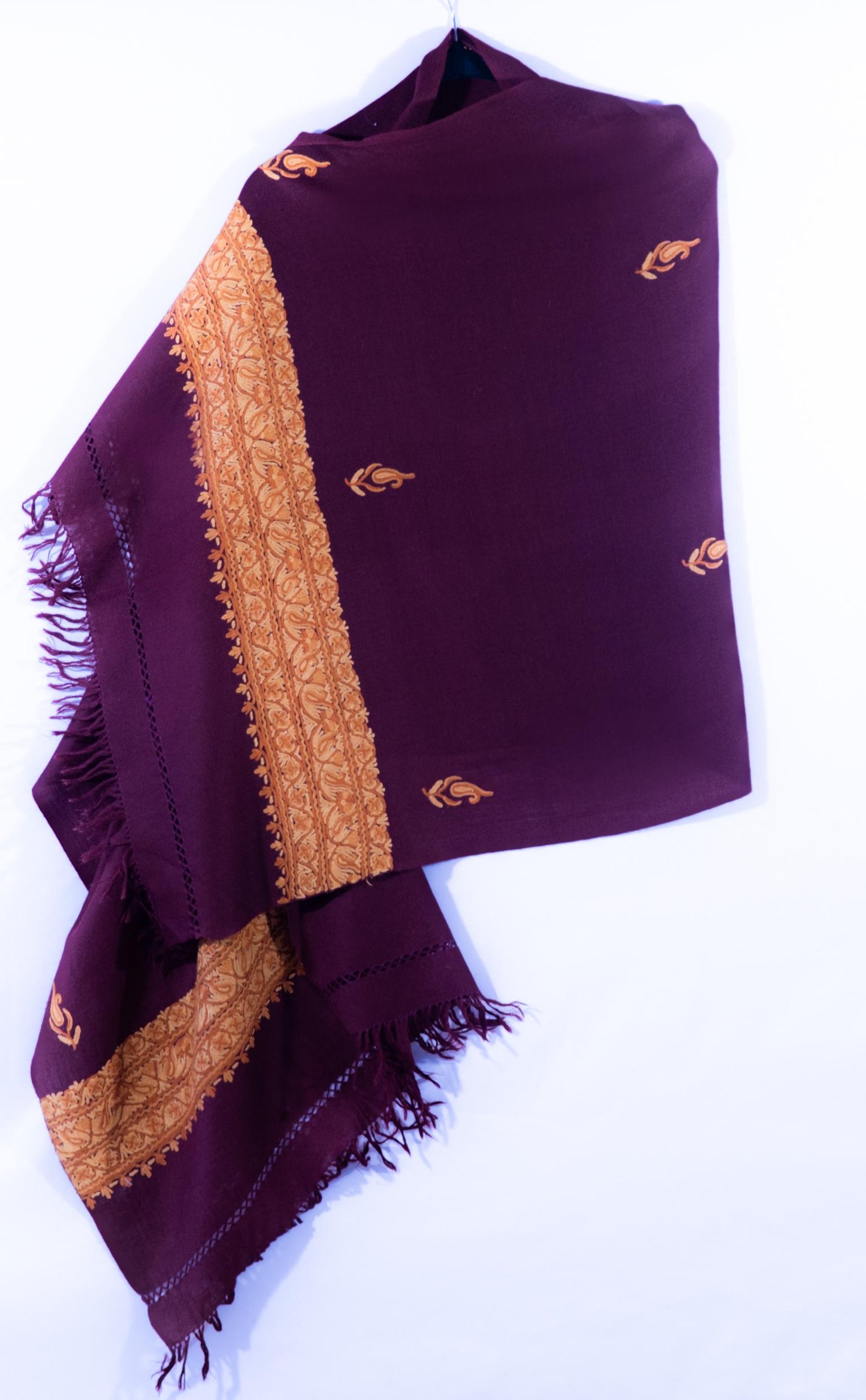 Kashmiri Hand embroidered stoles with Ari work on Merino wool for Winter - Purple with Golden Boundary Valentine Gift