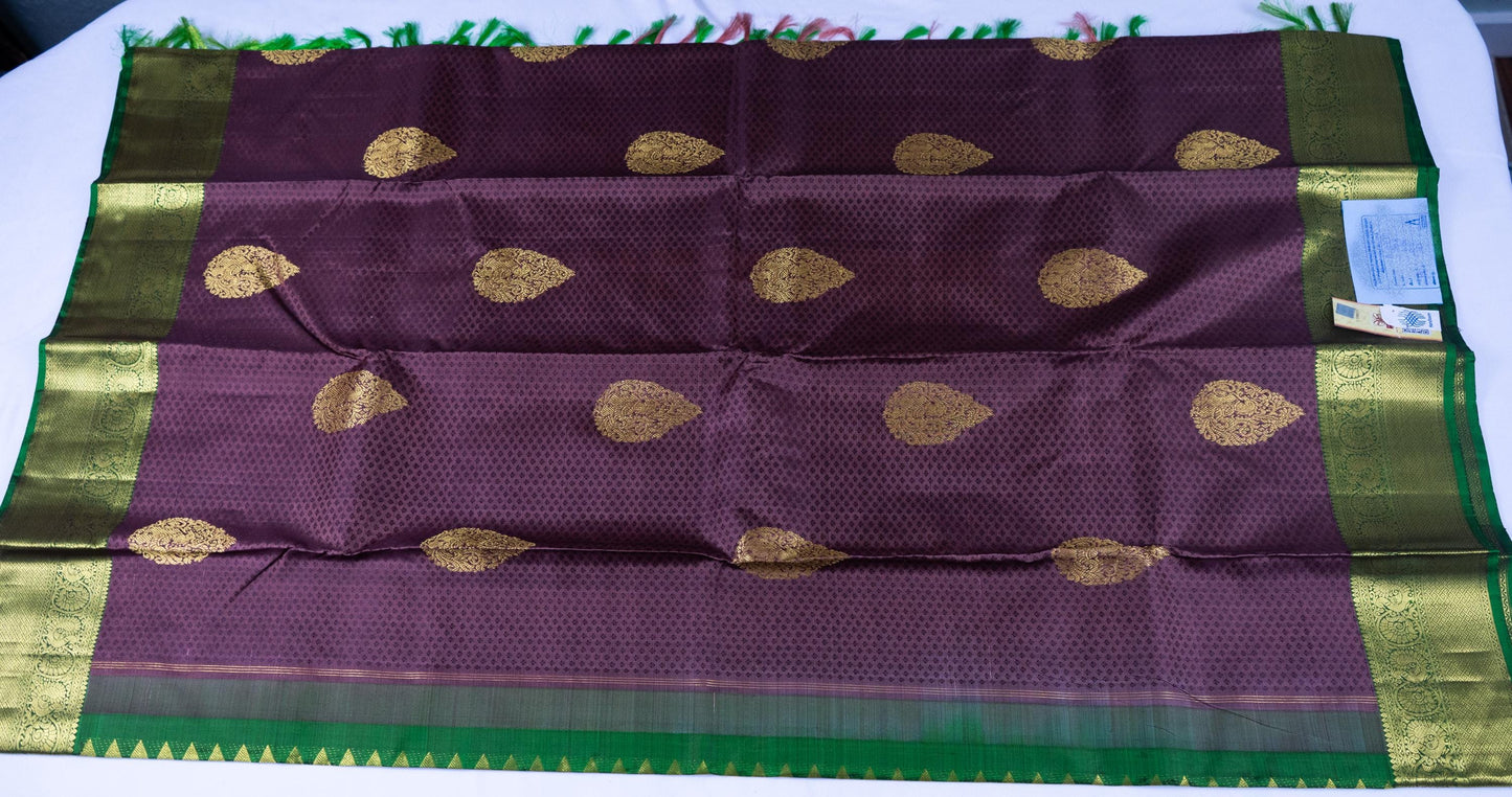 Handloom Kanjeevaram Purple-Brown Saree with Peacock Design & Gold Motifs
