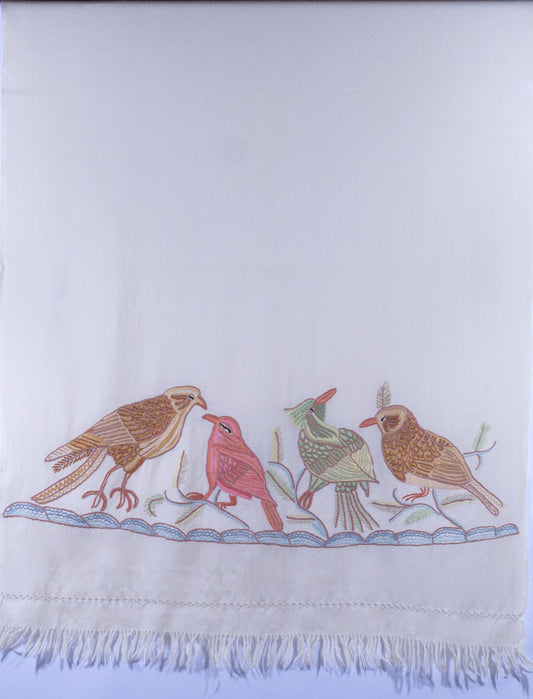 Kashmiri Hand embroidered stoles with Ari work on Merino wool for Winter - White with bird design Valentine Gift