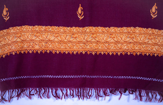 Kashmiri Hand embroidered stoles with Ari work on Merino wool for Winter - Purple with Golden Boundary Valentine Gift