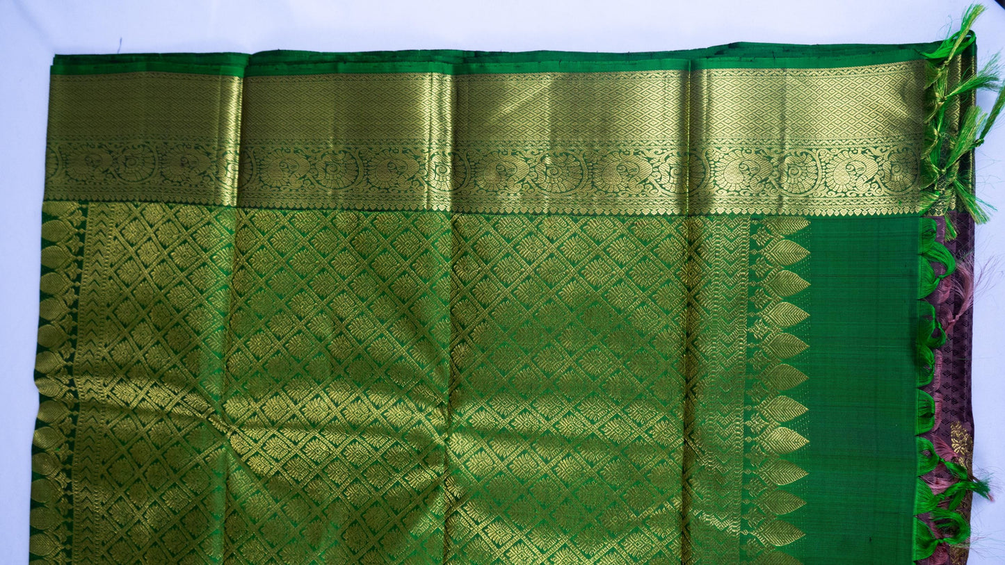 Handloom Kanjeevaram Purple-Brown Saree with Peacock Design & Gold Motifs