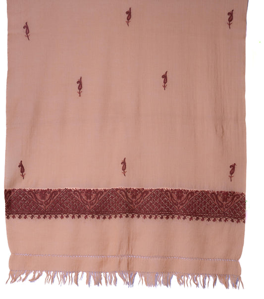 Kashmiri Hand embroidered stoles with Ari work on Merino wool for Winter - Cream with Brown Boundary Valentine Gift