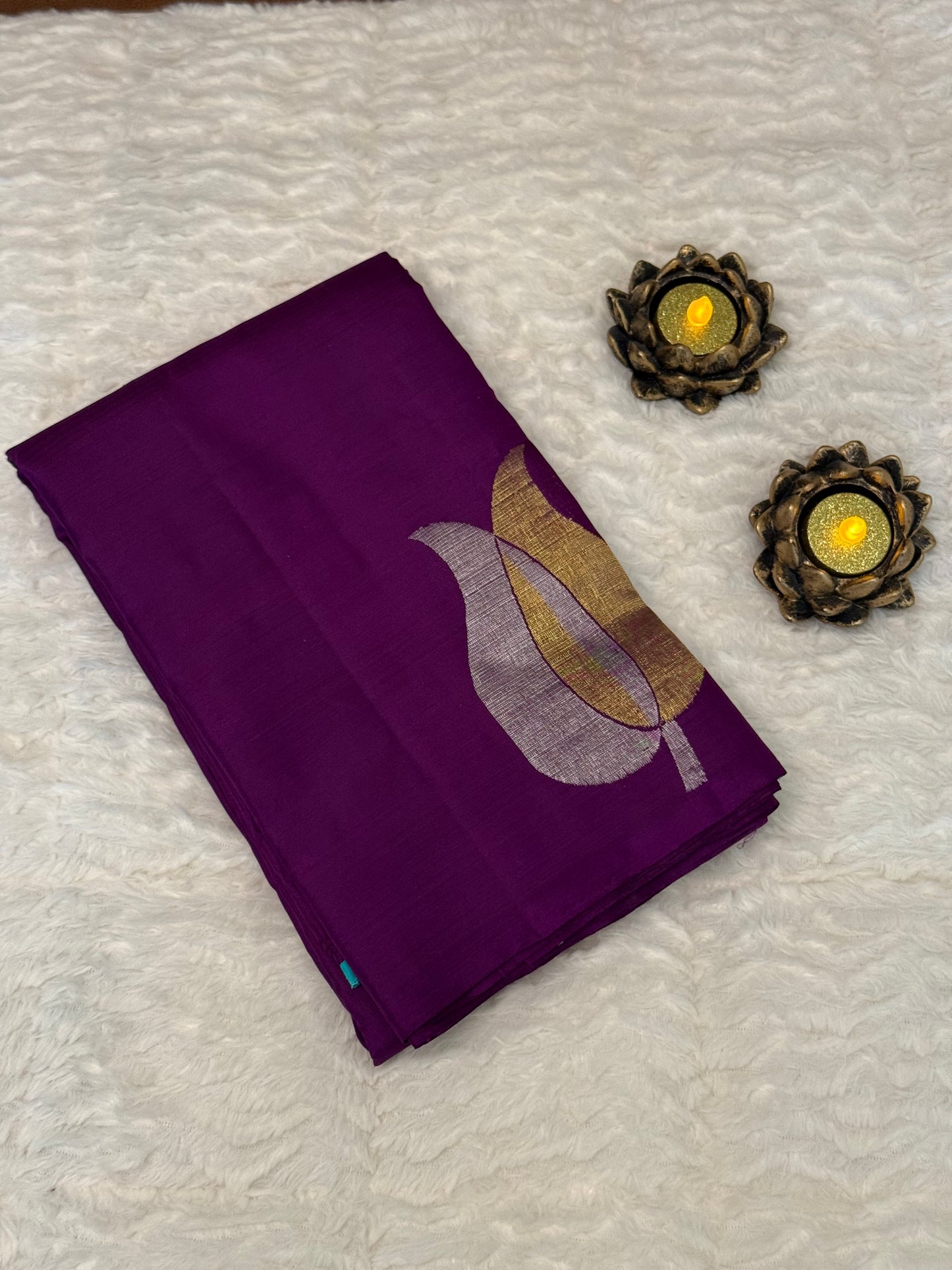 Handloom Kanjeevaram Violet Silk Saree, Gold & Silver Leaf Motifs