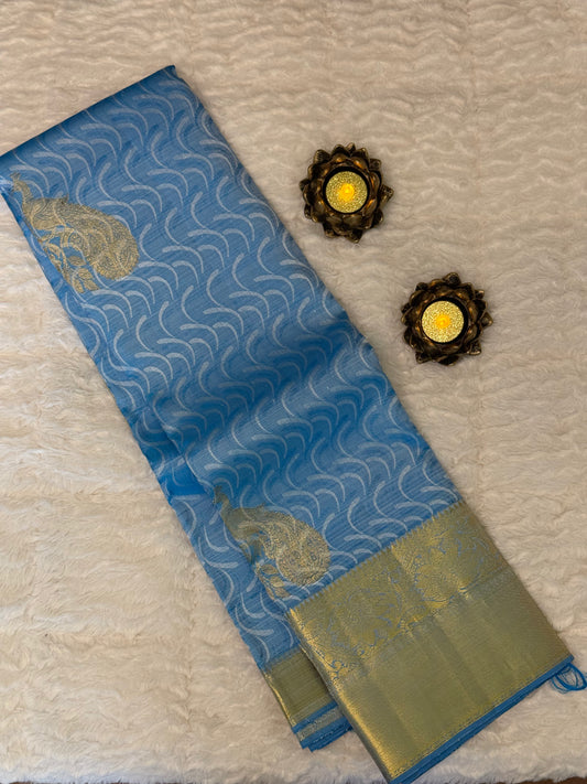 Handloom Kanjivaram Silk Saree in Enchanting Peacock Blue With Golden Border