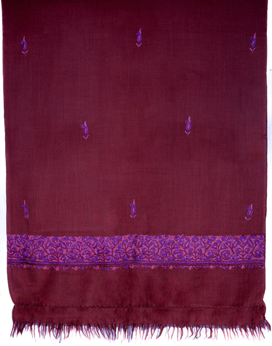 Kashmiri Hand embroidered stoles with Ari work on Merino wool for Winter - Purple with light Purple Boundary - Valentine Gift