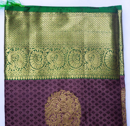 Handloom Kanjeevaram Purple-Brown Saree with Peacock Design & Gold Motifs