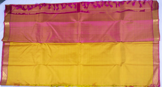 Handloom Kanjivaram Silk Saree in Enchanting Golden Yellow With Pink Zari Border