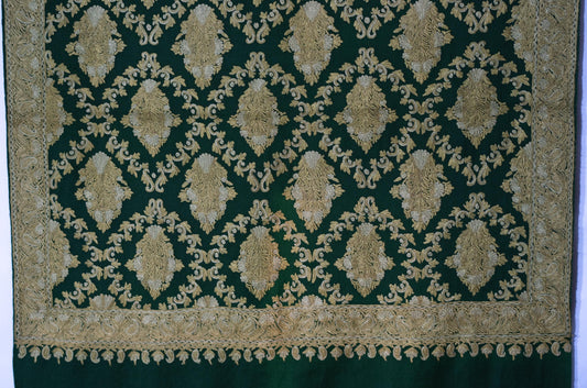 Kashmiri Hand embroidered stoles with Ari work on Merino wool for Winter - Green with golden design Valentine Gift