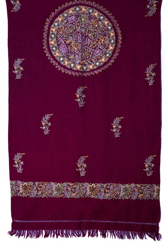 Kashmiri Hand embroidered stoles with Ari work on Merino wool for Winter - Purple with Design on the back Valentine Gift