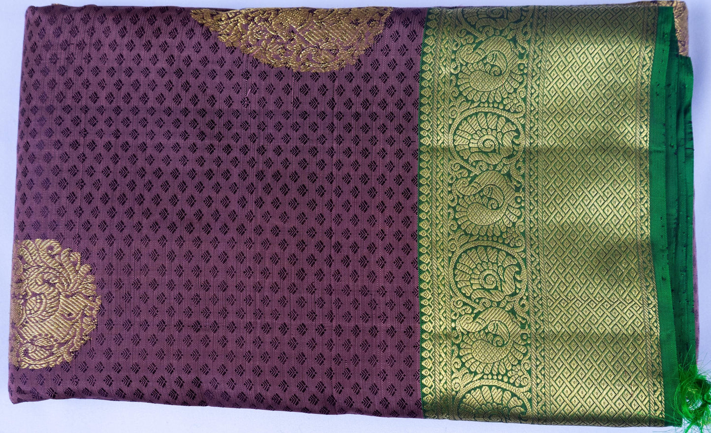 Handloom Kanjeevaram Purple-Brown Saree with Peacock Design & Gold Motifs