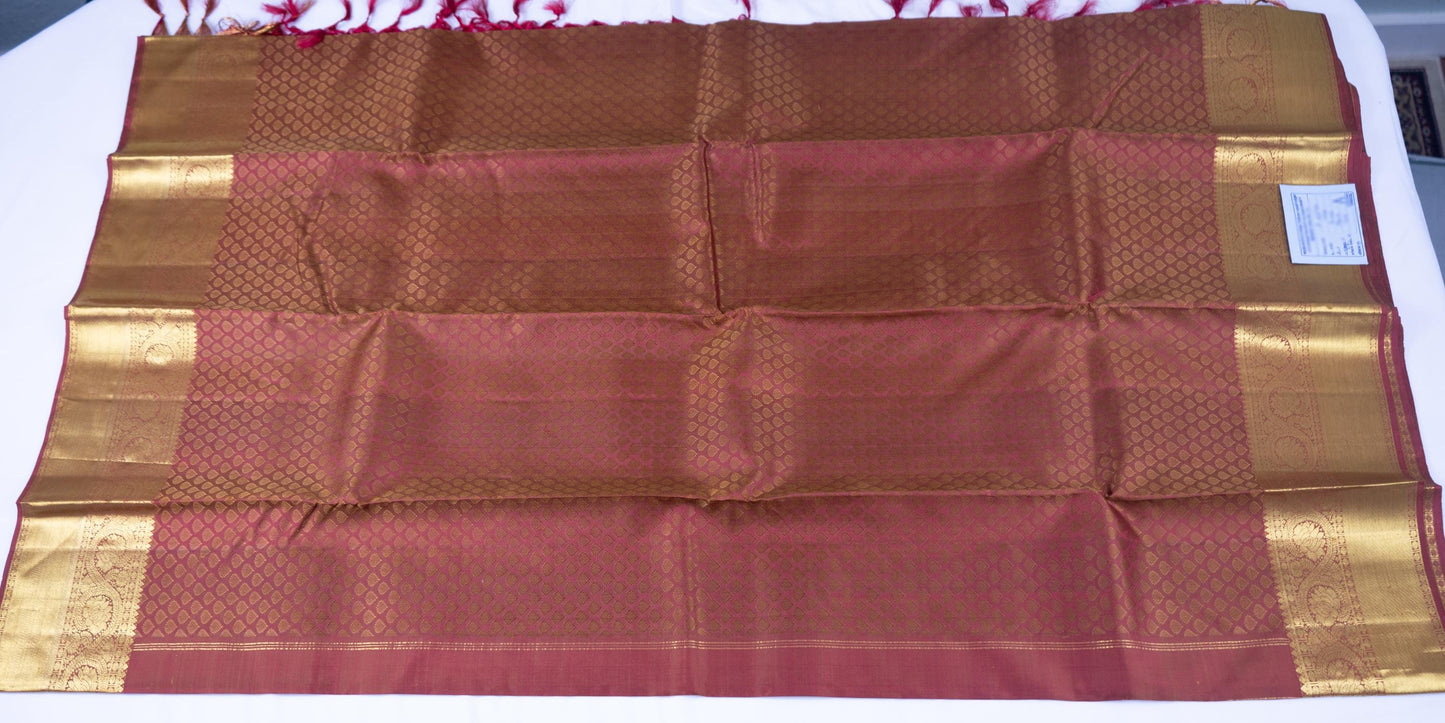 Handloom Kanjivaram Burgundy Silk Saree with Rich Gold Zari Border
