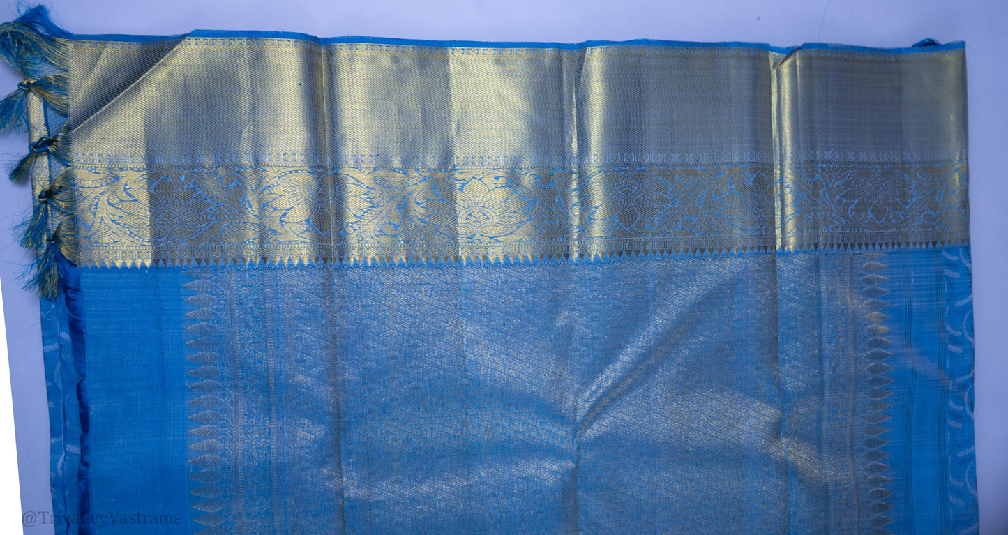 Handloom Kanjivaram Silk Saree in Enchanting Peacock Blue With Golden Border