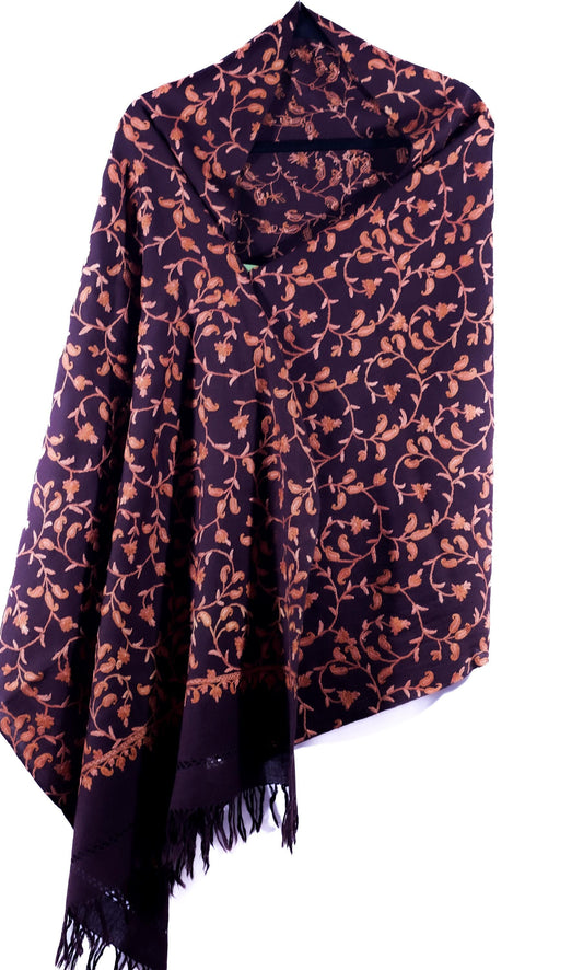 Kashmiri Hand embroidered stoles with Ari work on Merino wool for Winter - Purple with Flower pattern