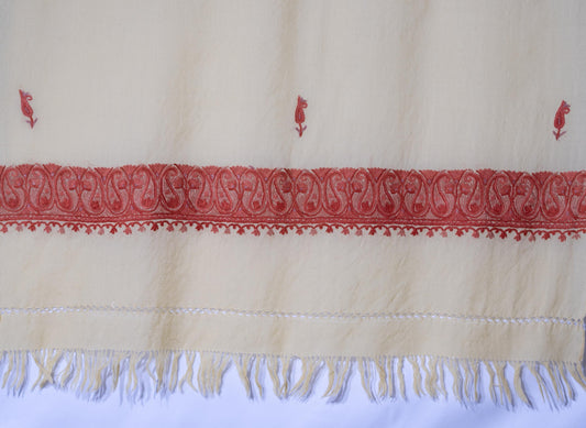 Kashmiri Hand embroidered stoles with Ari work on Merino wool for Winter - White with light orange boundary Valentine Gift