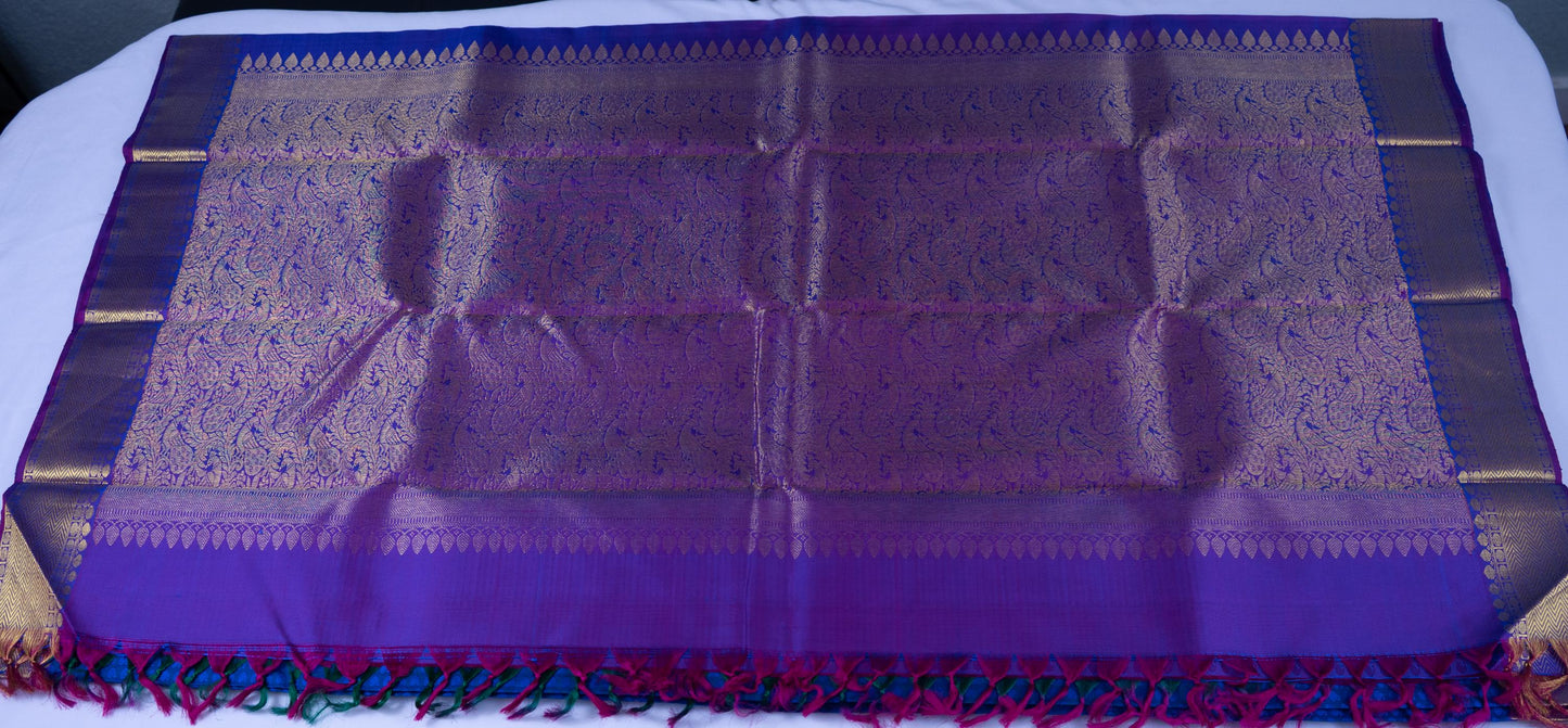Handloom Royal Blue Kanjeevaram Silk Saree with Gold Zari & Purple Border
