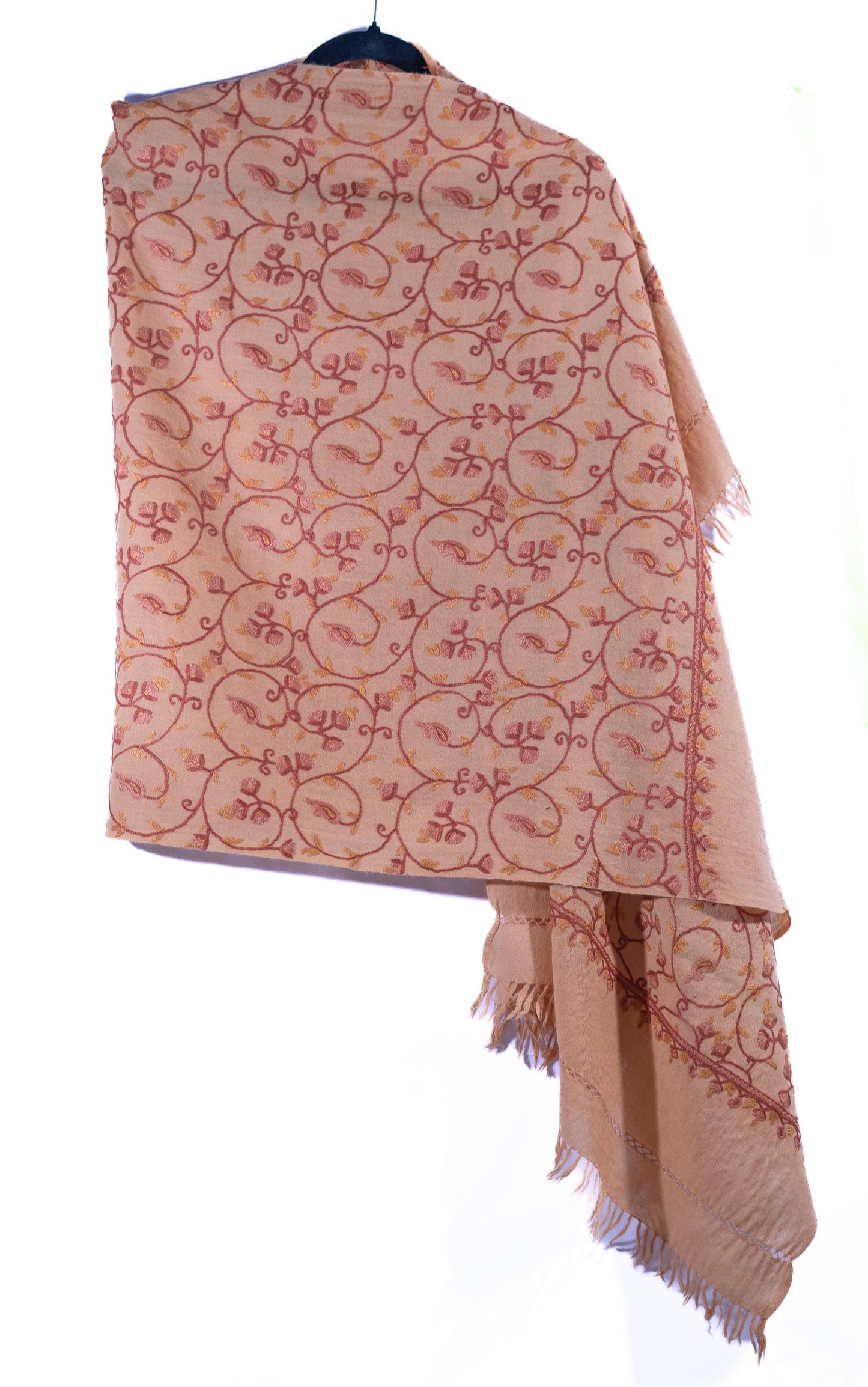 Kashmiri Hand embroidered stoles with Ari work on Merino wool for Winter  - Light Orange with flower pattern Valentine Gift