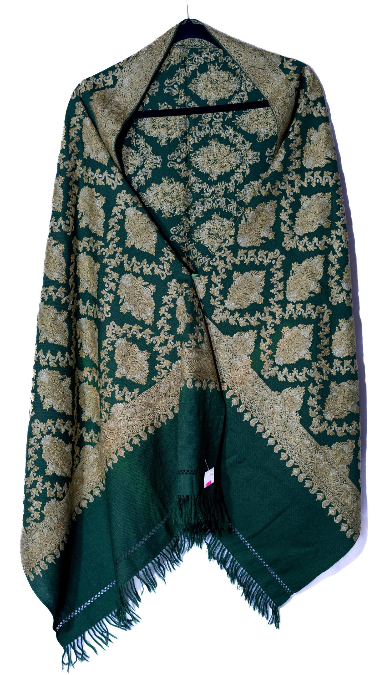 Kashmiri Hand embroidered stoles with Ari work on Merino wool for Winter - Green with golden design Valentine Gift