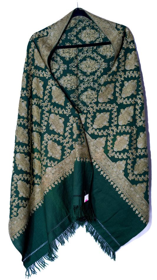Kashmiri Hand embroidered stoles with Ari work on Merino wool for Winter - Green with golden design Valentine Gift