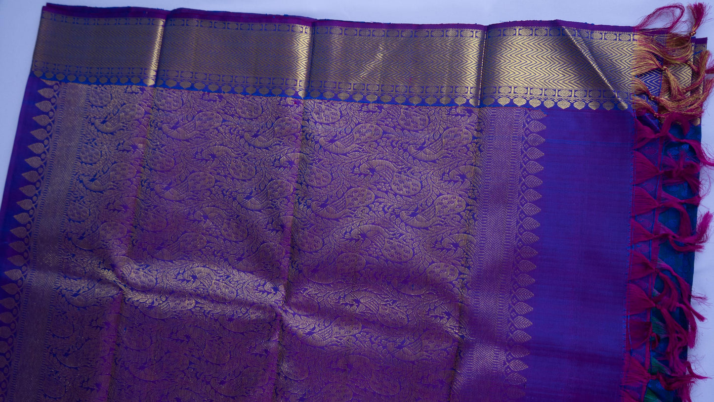 Handloom Royal Blue Kanjeevaram Silk Saree with Gold Zari & Purple Border