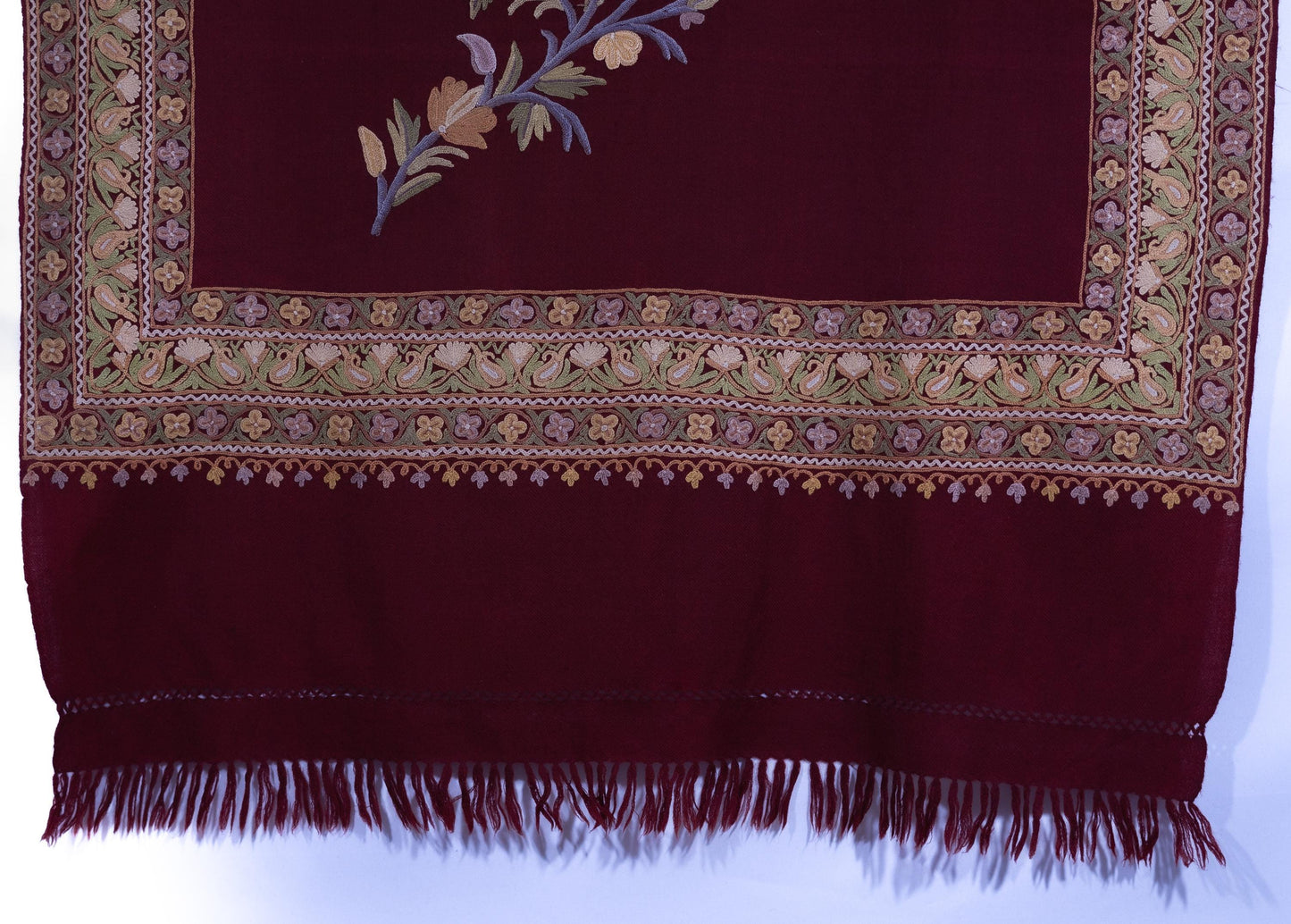 Kashmiri Hand embroidered stoles with Ari work on Merino wool for Winter - Purple with Flow Design
