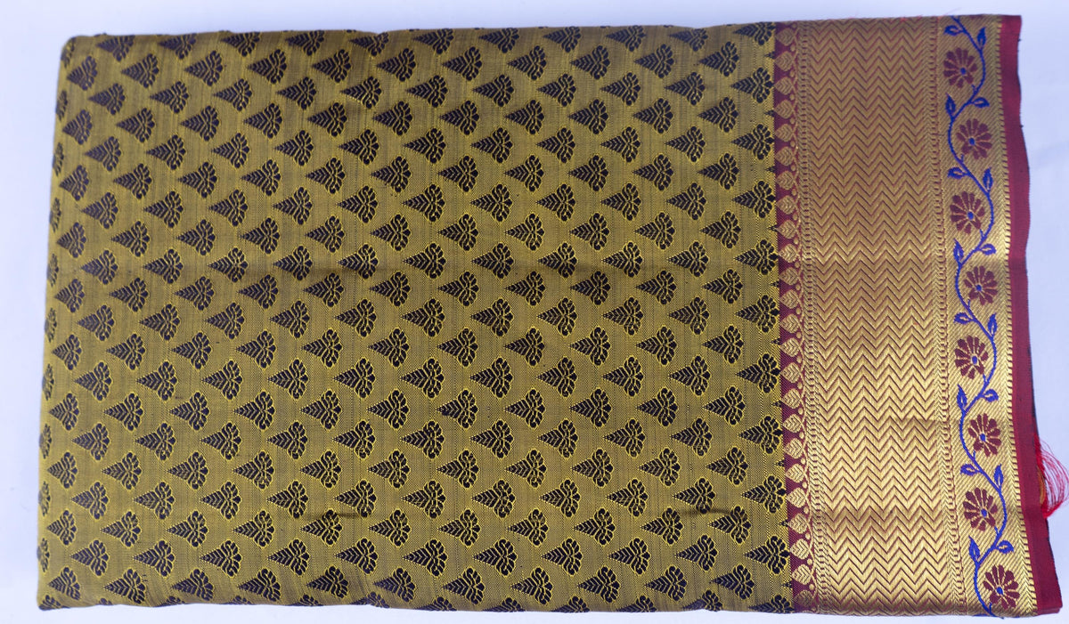 Handloom Kanjeevaram Dark Golden Yellow Silk Saree with Black Motifs