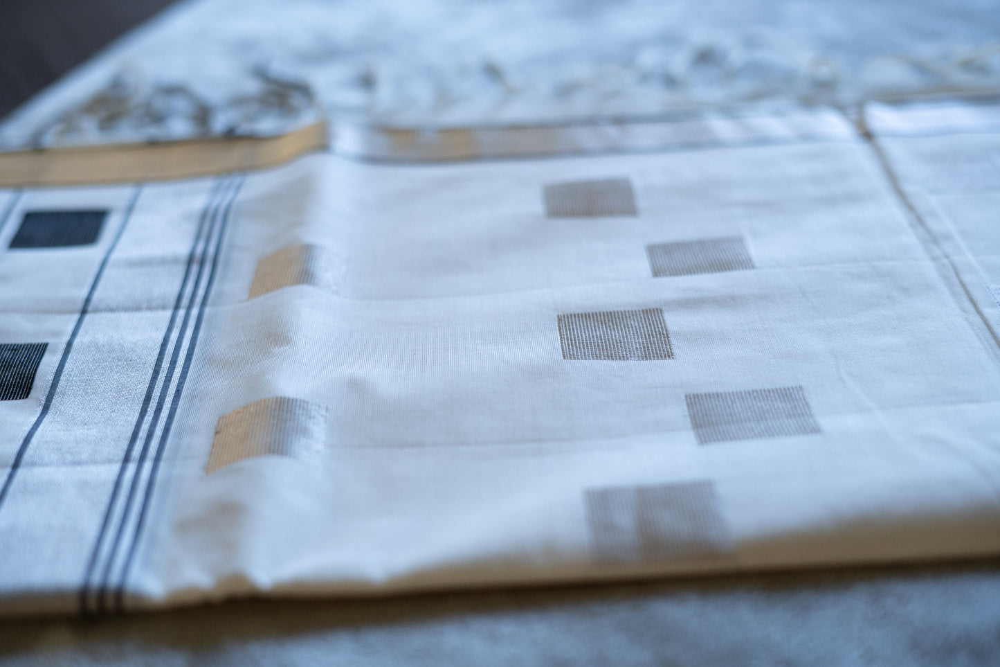 Elegant White Saree with Grey Kasavu Checks for Onam & Vishu Celebrations