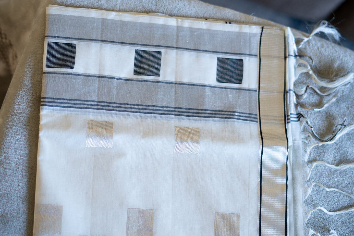 Elegant White Saree with Grey Kasavu Checks for Onam & Vishu Celebrations