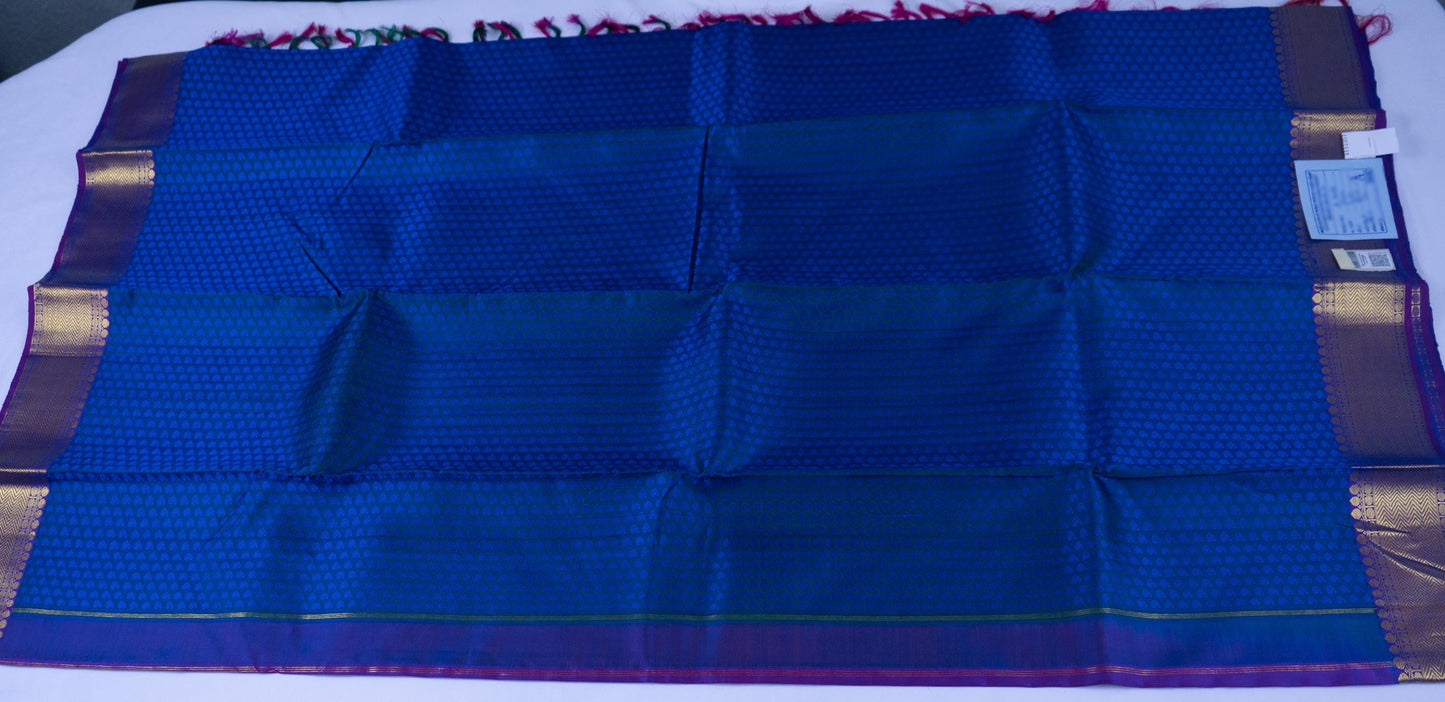 Handloom Royal Blue Kanjeevaram Silk Saree with Gold Zari & Purple Border