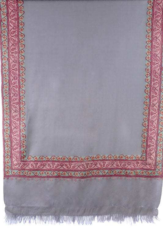Kashmiri Hand embroidered stoles with Ari work on Merino wool for Winter - Grey with Orange boundary