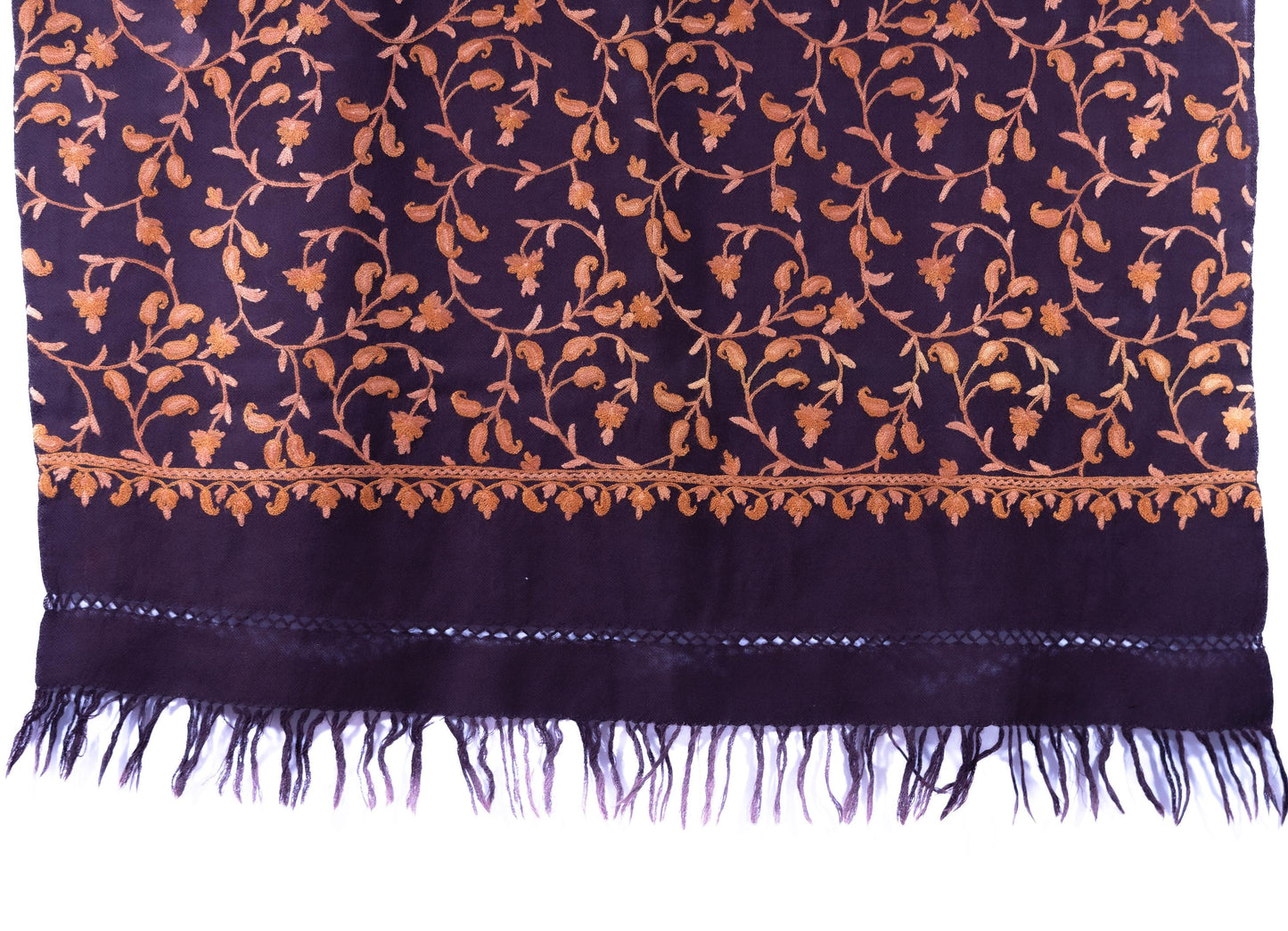 Kashmiri Hand embroidered stoles with Ari work on Merino wool for Winter - Purple with Flower pattern