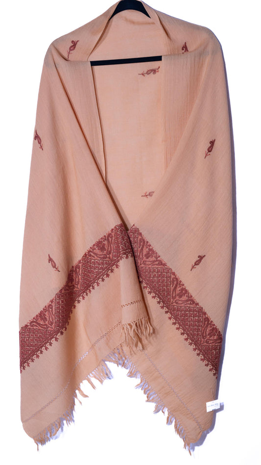Kashmiri Hand embroidered stoles with Ari work on Merino wool for Winter - Cream with Brown Boundary Valentine Gift
