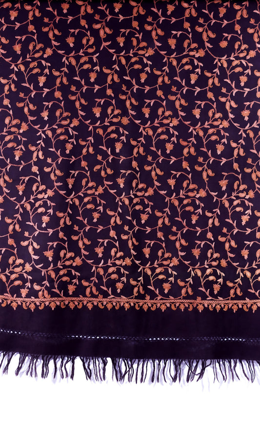 Kashmiri Hand embroidered stoles with Ari work on Merino wool for Winter - Purple with Flower pattern