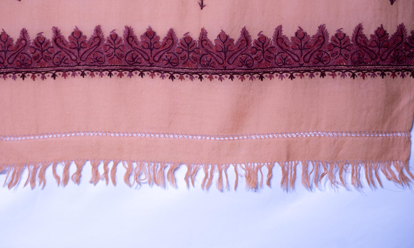 Kashmiri Hand embroidered stoles with Ari work on Merino wool for Winter - Cream with Dark Boundary Valentine Gift