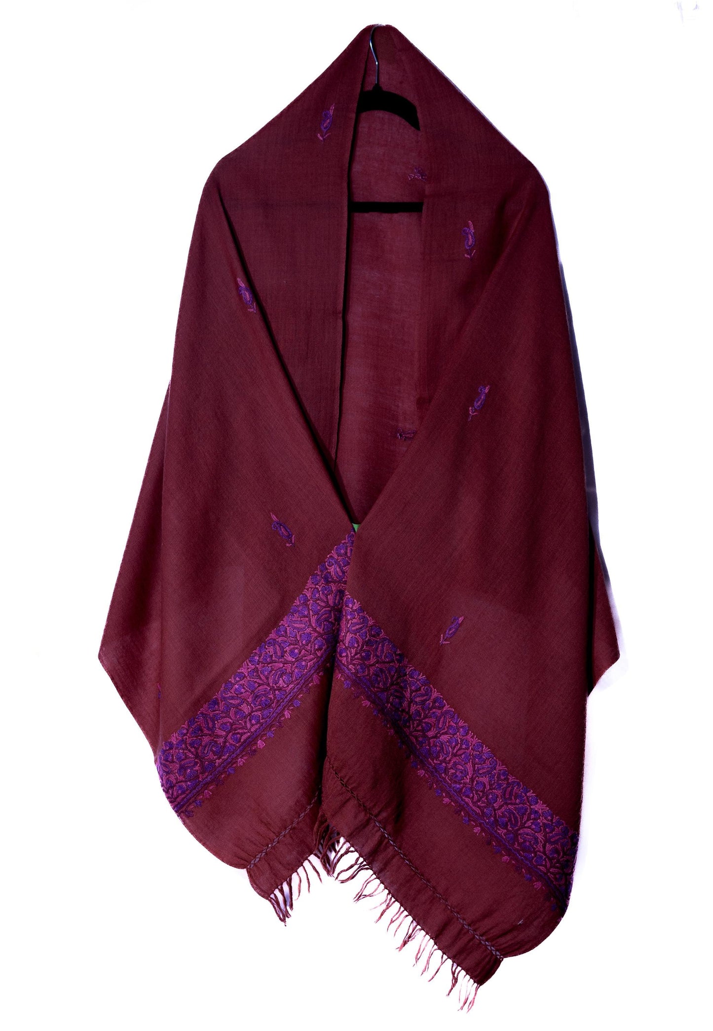 Kashmiri Hand embroidered stoles with Ari work on Merino wool for Winter - Purple with light Purple Boundary - Valentine Gift