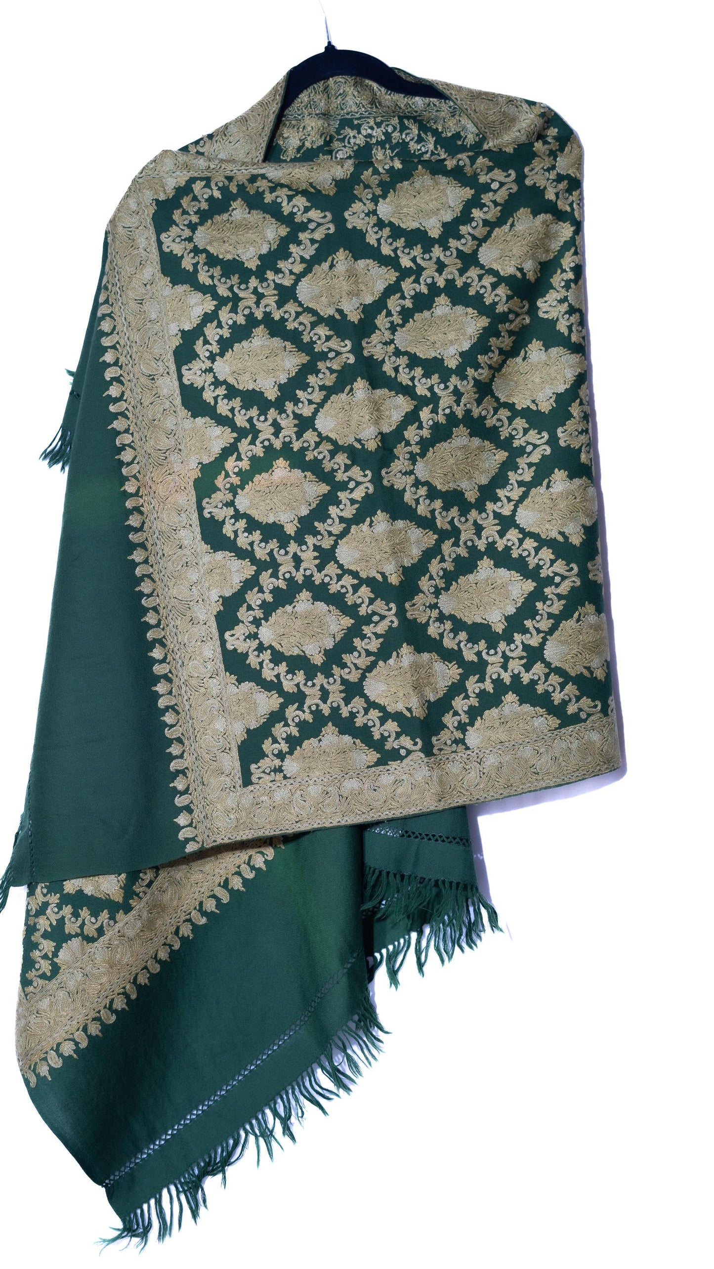 Kashmiri Hand embroidered stoles with Ari work on Merino wool for Winter - Green with golden design Valentine Gift