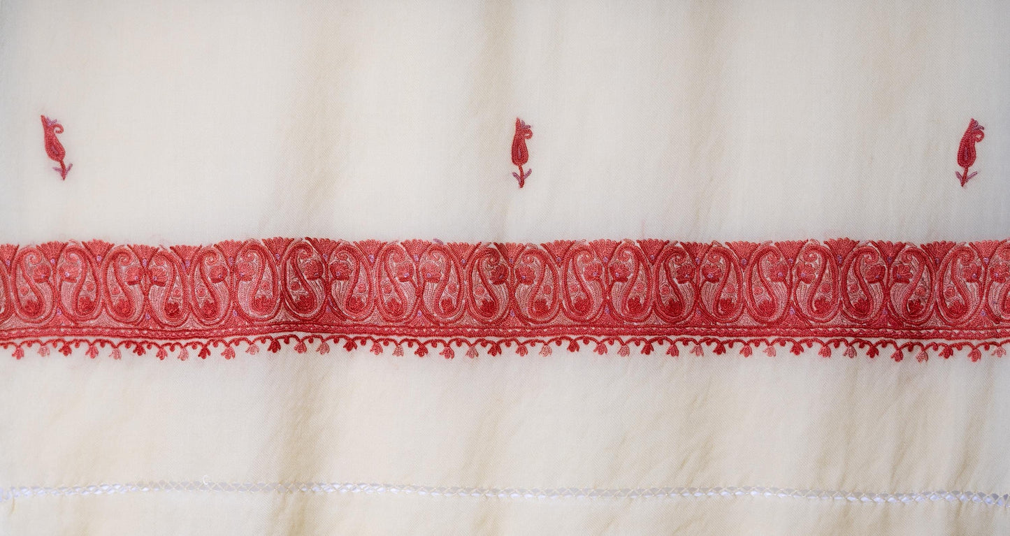 Kashmiri Hand embroidered stoles with Ari work on Merino wool for Winter - White with light orange boundary Valentine Gift
