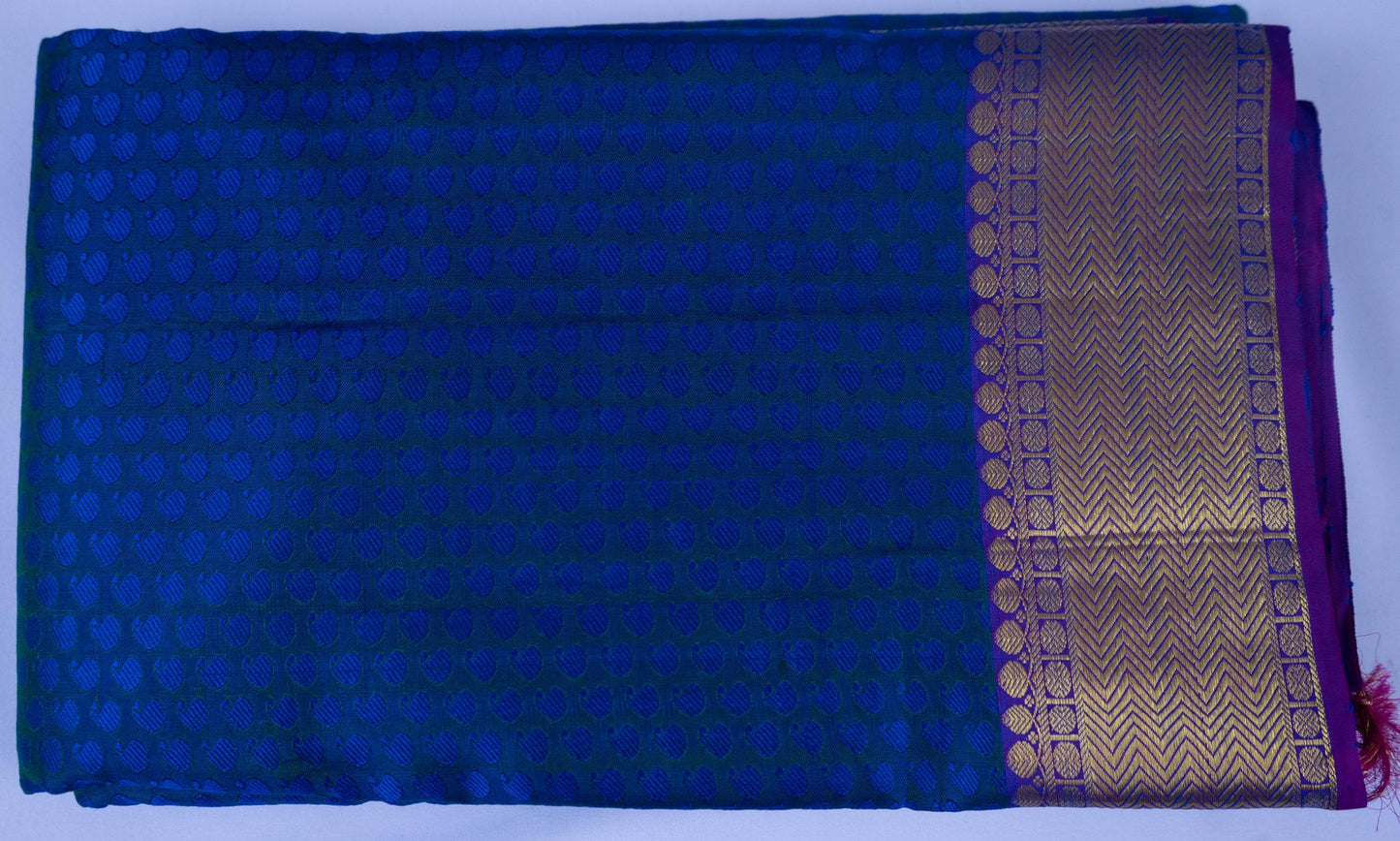 Handloom Royal Blue Kanjeevaram Silk Saree with Gold Zari & Purple Border