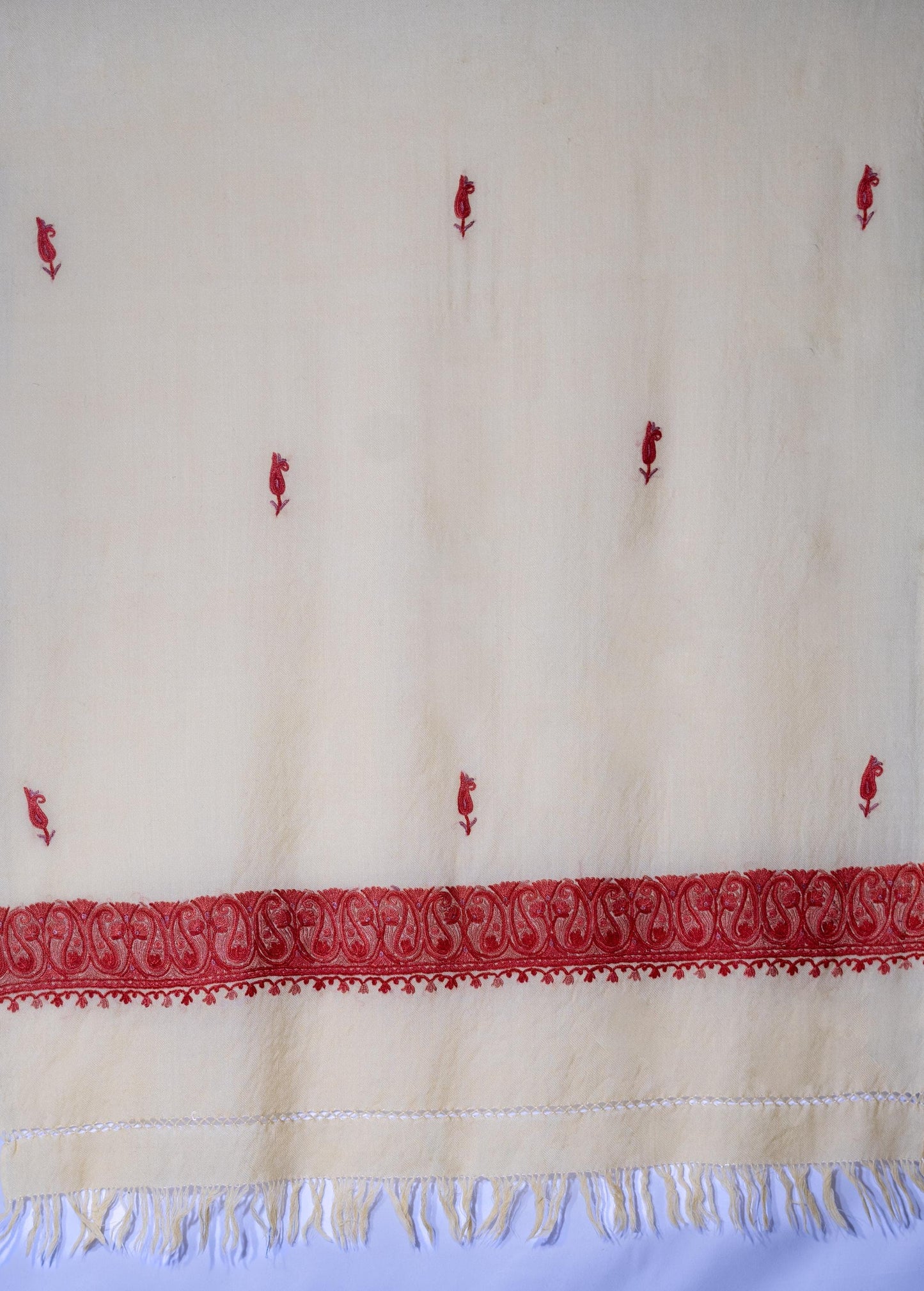 Kashmiri Hand embroidered stoles with Ari work on Merino wool for Winter - White with light orange boundary Valentine Gift