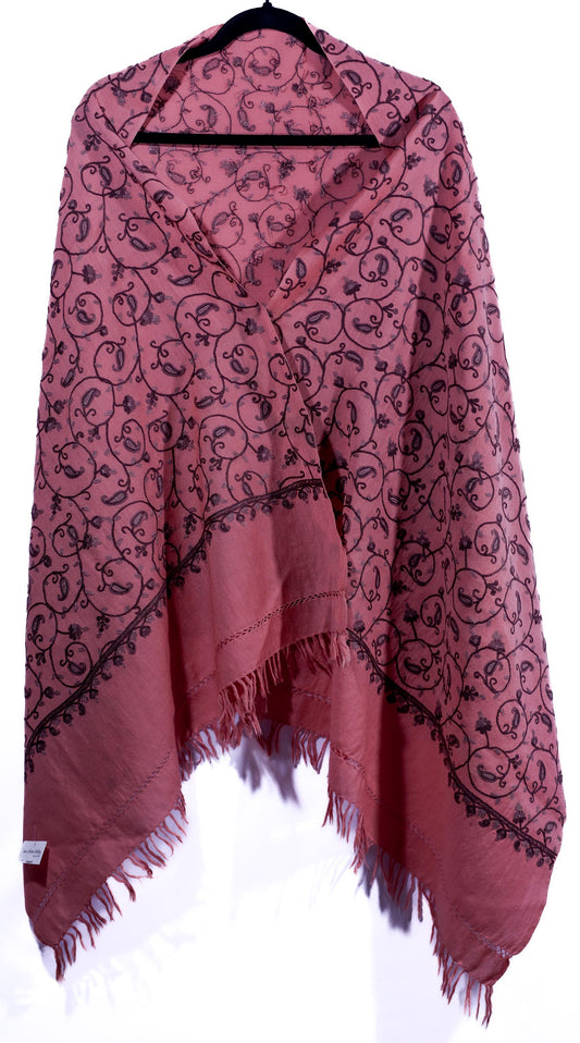 Kashmiri Hand Embroidered stoles with Ari work on Merino wool for Winter  - Dark Purple