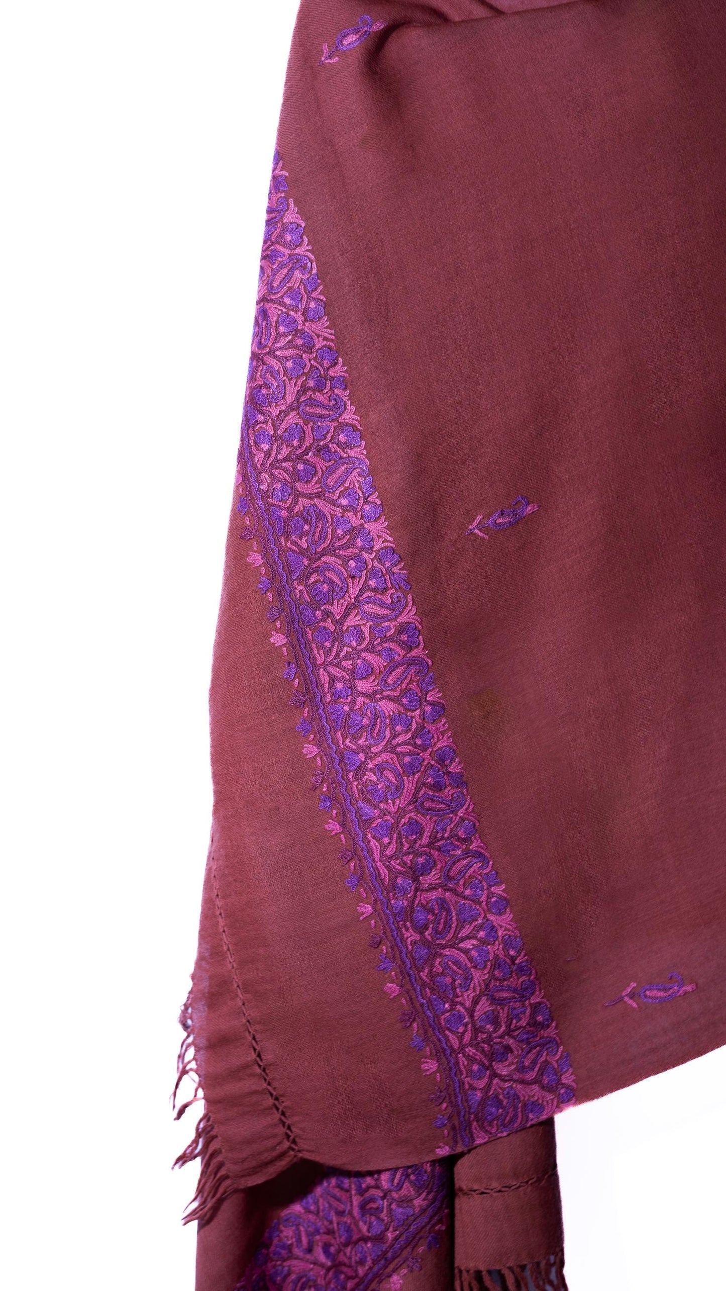 Kashmiri Hand embroidered stoles with Ari work on Merino wool for Winter - Purple with light Purple Boundary - Valentine Gift