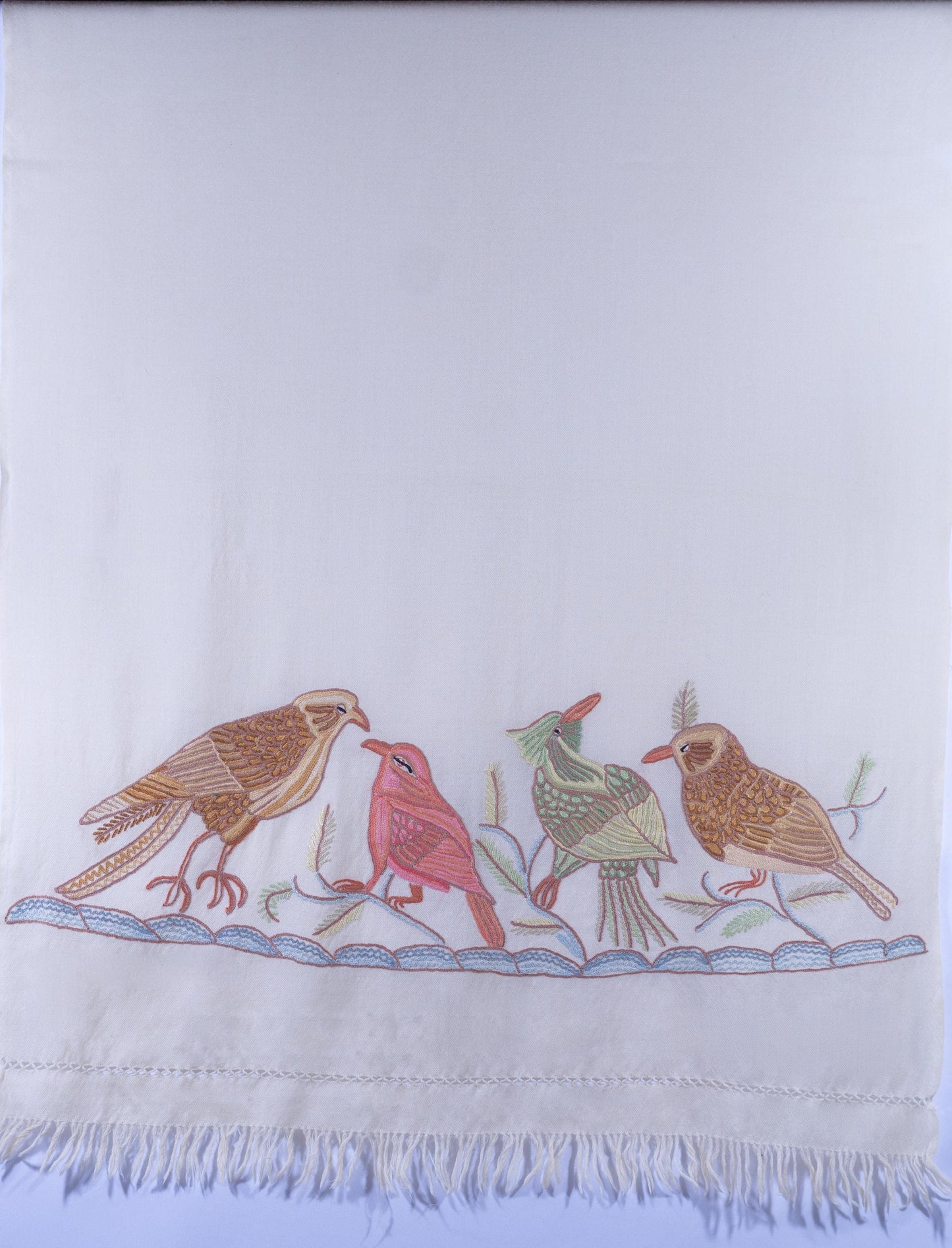 Kashmiri Hand embroidered stoles with Ari work on Merino wool for Winter - White with bird design Valentine Gift